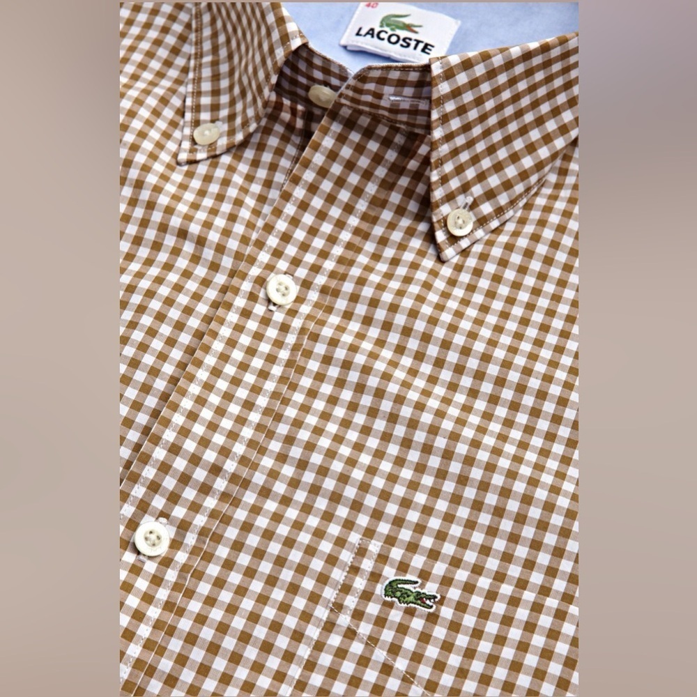 Lacoste Men's NWT Gingham 100% Cotton Button-Down Shirt in Brown and White